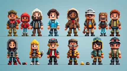 A group of cartoon characters are lined up in a row, pixelated, game assets
