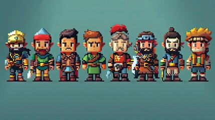 A group of cartoon characters are lined up in a row, pixelated, game assets