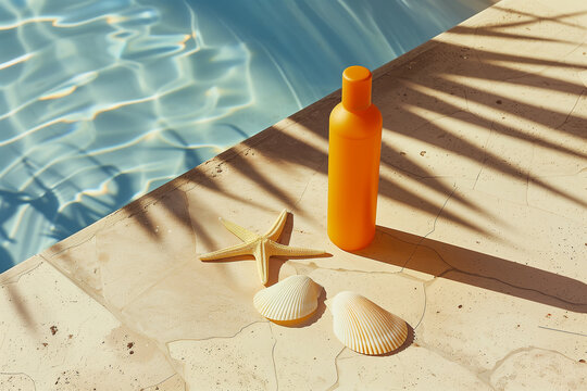 Mockup of sun oil and sunscreen with a pool in the background.