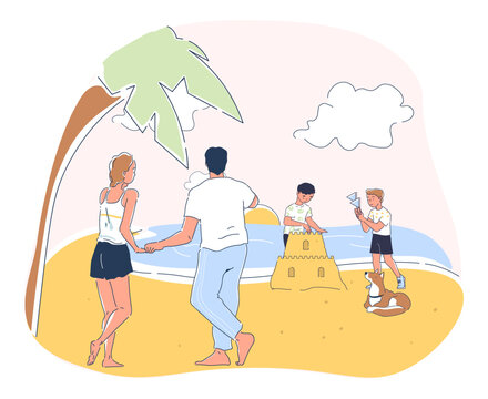 beach family sandcastle building scene clip art preview