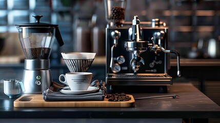 Warm morning light highlighting a coffee cup and various brewing equipment on a wooden table