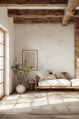 3D rendering of modern living room with wooden beams and empty white wall background.