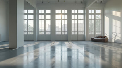 A modern mockup room with ample natural light and large windows, designed for architectural presentations.
