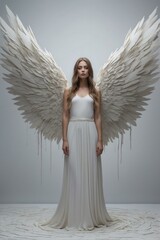 Elegant woman with angel wings posing in an understated gown in a studio environment