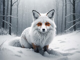 A close-up view of an arctic fox crouching, with its fur dusted by fresh snowfall, highlighting the detail and texture