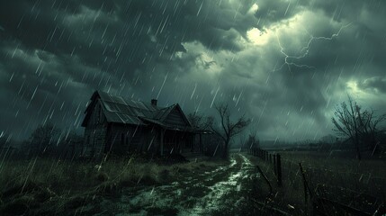 Tempest Over the Homestead,
In this evocative scene, an isolated homestead stands under the foreboding sky of an impending storm, with lightning piercing the darkness, - obrazy, fototapety, plakaty