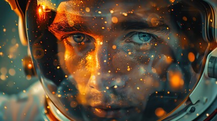An astronauts visor, a mans eyes drawn to something in the distance, amidst the cosmic backdrop, Fashion photography style, realistic photos - obrazy, fototapety, plakaty