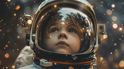 An astronauts helmet, a boys gaze transfixed on the celestial bodies floating in the blackness beyond, Fashion photography style, realistic photos - obrazy, fototapety, plakaty