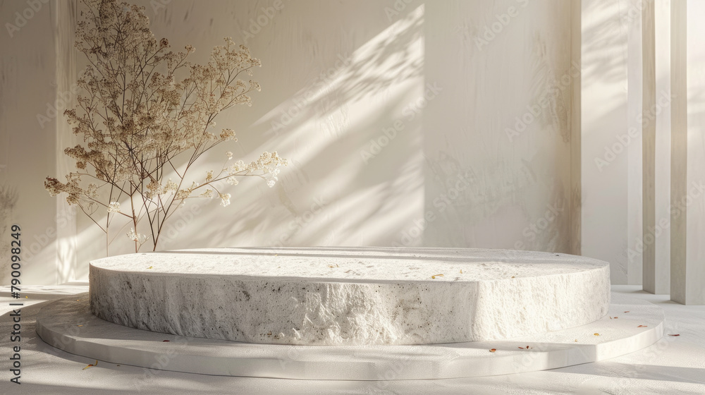 Poster a 3d rendering of a white stone podium with leaf shadows, symbolizing premium serenity with minimal 