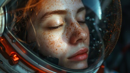 Closeup of a womans face in the astronaut helmet, her eyes closed, lost in thought as she looks away into space, Fashion photography style, realistic photos