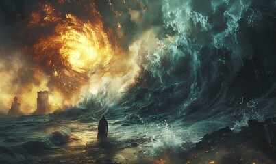 Cosmic Ocean Turmoil,
This surreal artwork captures a tumultuous sea merging with a fiery celestial swirl, evoking the raw and unbridled forces of a cosmic ocean tempest.