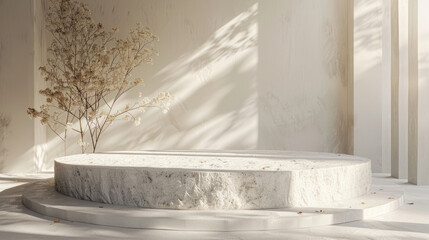 A 3D rendering of a white stone podium with leaf shadows, symbolizing premium serenity with minimal elegance.