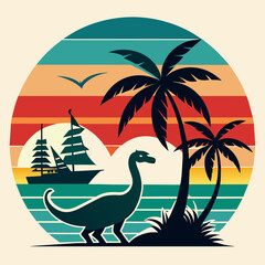 T-shirt design with sunset and a dinosaur under palm trees with boat no text, vintage, white background 