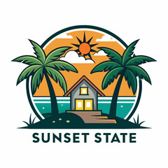 Sunset Estate Logo holiday beach with tree palm and home vector illustration 