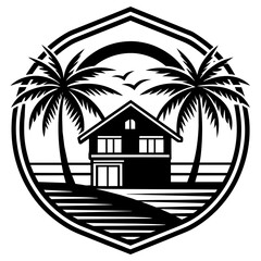 Obraz premium Sunset Estate Logo holiday beach with tree palm and home vector silhouette 