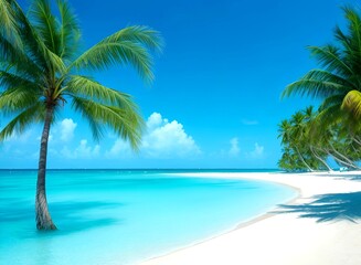 A view of a beautiful beach with coconut trees