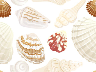 Vector realistic sea shells seamless pattern. Design for printing, textile, fabric.