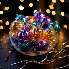 Include colorful and intricately designed baubles of different sizes, reminiscent of traditional Christmas decorations. Ai generated