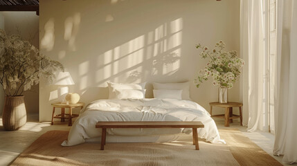 A warm white bedroom with brilliant furnishings and natural wooden tables in a contemporary style house interior backdrop.
