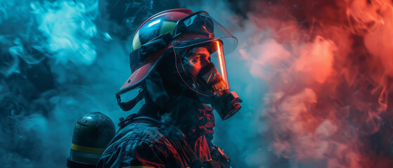 A fireman wearing firefighter turnouts and helmet in a dark smokey background with blue light.