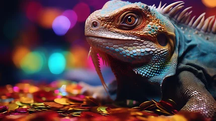 Foto op Plexiglas Close-up of an iguana gripping a colorful toy, vibrant scales shimmering, focused eyes, soft lighting accentuates details, Pop art style © รันนี่ เจอนั่น Mm