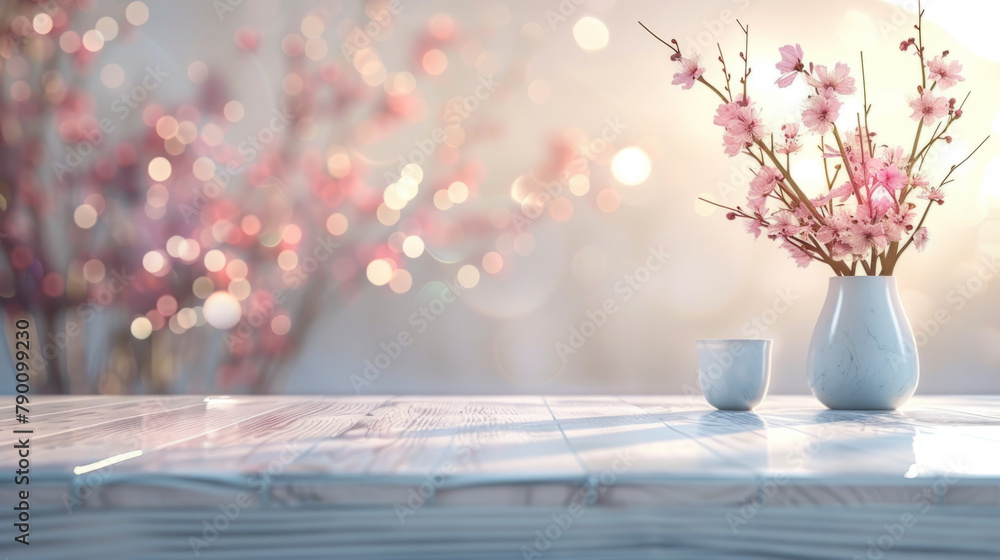 Poster minimalistic white table with soft, blurred lighting creating a serene and tranquil atmosphere.