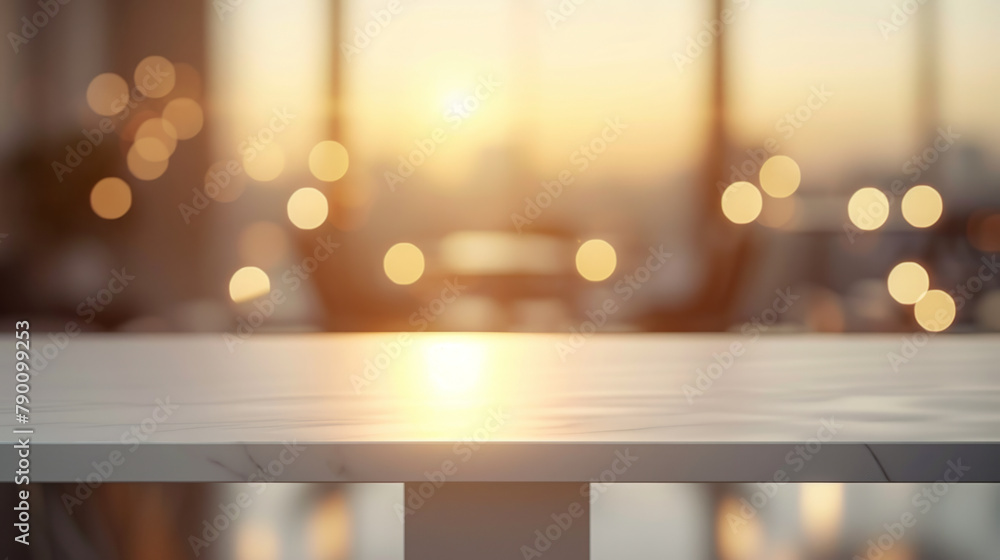 Poster a minimalistic and tranquil white table with soft lighting and blurred background, creating a peacef