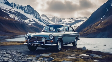Retro styles blue car on mountains landscape. Vintage transport