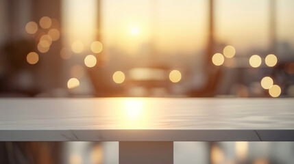 A minimalistic and tranquil white table with soft lighting and blurred background, creating a peaceful atmosphere in an interior setting.