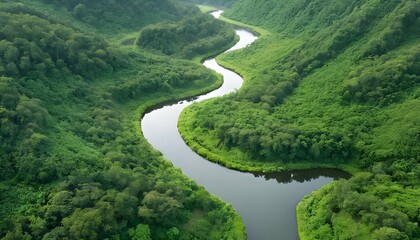 Fototapeta na wymiar A meandering river flowing gently through a lush g upscaled 4