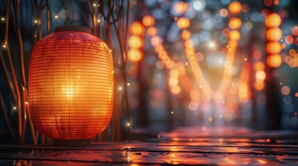 Warm glow of festive lantern against a bokeh light backdrop, creating a cozy atmosphere