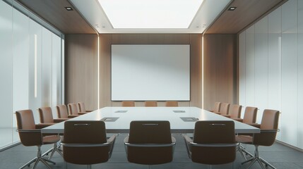 conference room with an screen on the wall, a large rectangular table and 12 brown chairs around it, a white ceiling, a lighting on the ceiling in a light, walls in a white and wood color, no window