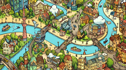 Naklejka premium Hand-Drawn Cartoon Style Map with Intricate Details