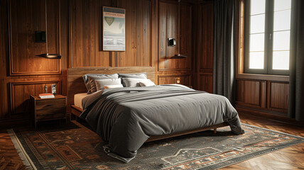 Dark wooden bedroom interior with a carpet on the floor, a gray bedcover on a master bed, two bedside tables and a poster. Side view. 3d rendering mock up. - obrazy, fototapety, plakaty