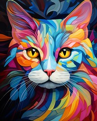 Close-up of a surreal cat with eyes that shift colors like the aurora, mystical ambiance, impressive cubism art style