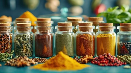 collection of assorted spices elegantly stored in transparent glass jars, against a culinary backdrop