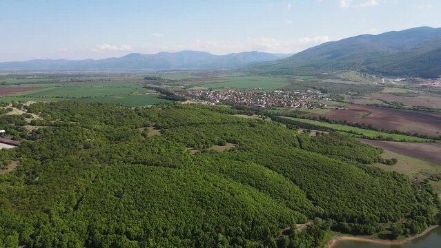 Aerial view of Upper Thracian Plain near town of Asenovgrad, Plovdiv Region,  Bulgaria
