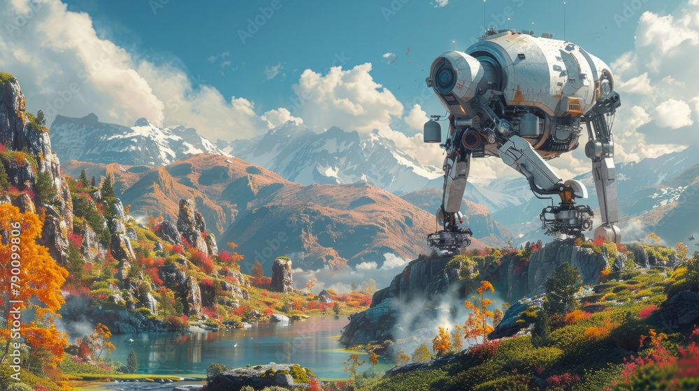 Aufkleber a robot artist in a studio, creating a vibrant landscape through precise mechanical movements.