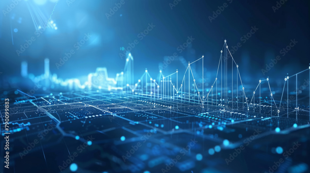 Poster visual representation of financial growth through upward trending lines and data points, suggesting 