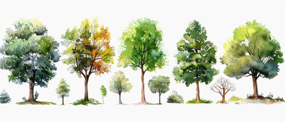 A collection of hand drawn watercolor trees for use in art and design projects, featuring a variety of forest tree types.