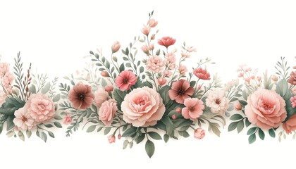 Watercolor Illustration of a Rose Thrift Floral Border