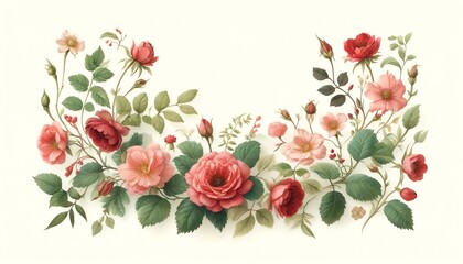 Watercolor Illustration of a Knock Out Rose Floral Border - obrazy, fototapety, plakaty