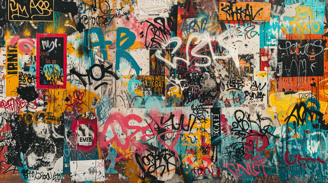 Vibrant graffiti collages on walls in various styles and hues created using spray paint techniques.
