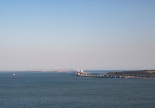 View of the Crimean bridge from Mount Mitridat in Kerch in summer
