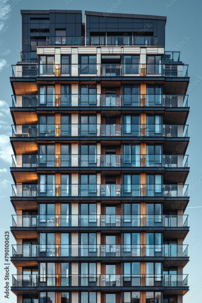 Poster a modern high-rise tower block building capturing the essence of urban architecture and design.