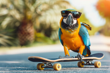 Bright, beautiful, orange-blue parrot in black glasses skateboarding on a city street. Concept of creativity, movement, activity, goal achievement. Copy space.