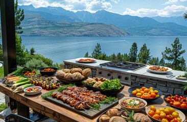 Large buffet table is set up outside with beautiful view of the lake. - obrazy, fototapety, plakaty