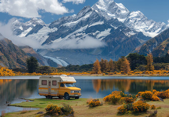 Yellow camper van parked by lake with snow-capped mountains in the background.