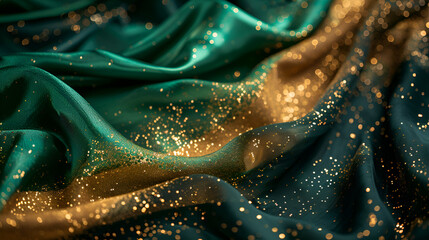 emerald green and gold Christmas festive fabric drap, generative ai