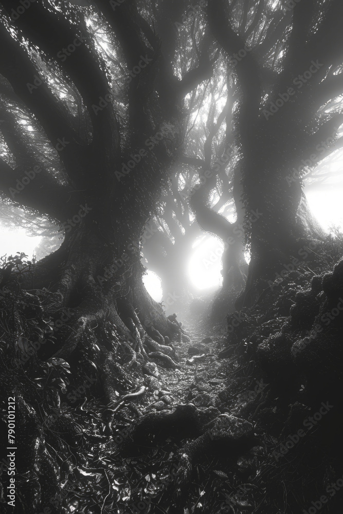 Poster enigmatic and mystical forest filled with ancient trees whispering secrets to daring wanderers
